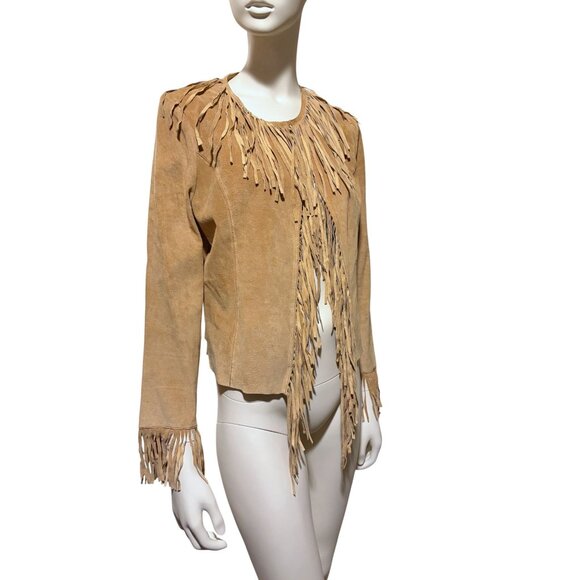 Vintage Suede Fringe Jacket L Tan Western Cowgirl Rodeo Boho 100% Leather - Picture 2 of 12